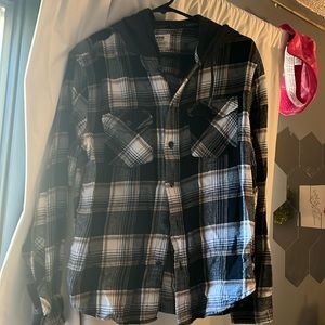 multicolored flannel with dark grey hood
